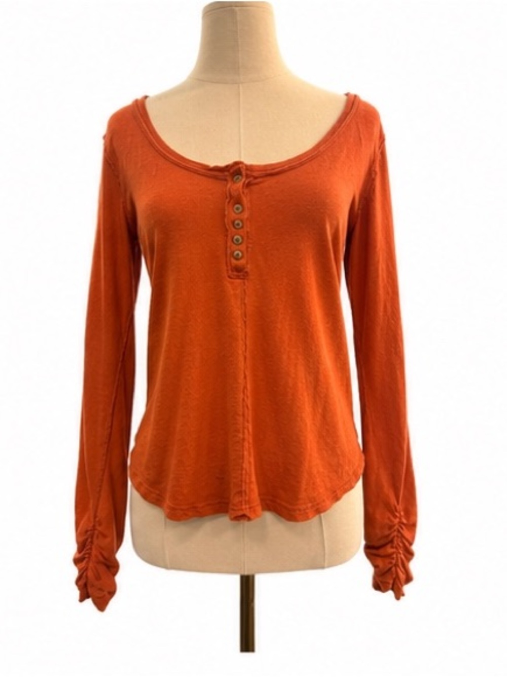 Pilcro by Anthropologie Linen Cotton Ruched Sleeve Henley Top Burnt Orange Med